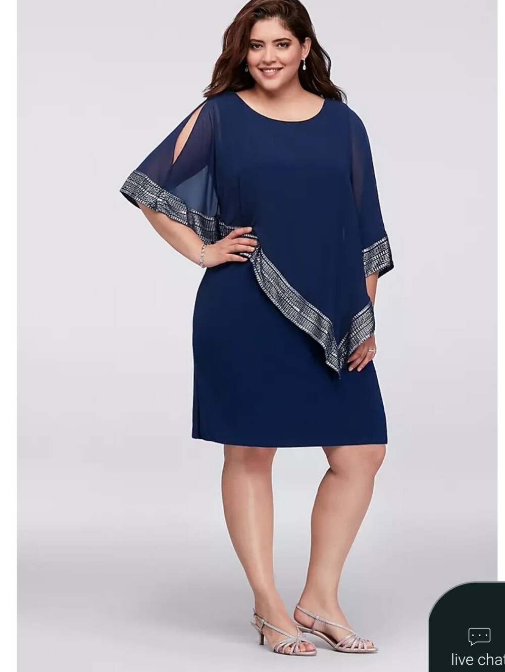 SLNY Navy Blue Chiffon Overlay Dress Size 4 Asymmetrical Cape Sleeve Beaded Trim